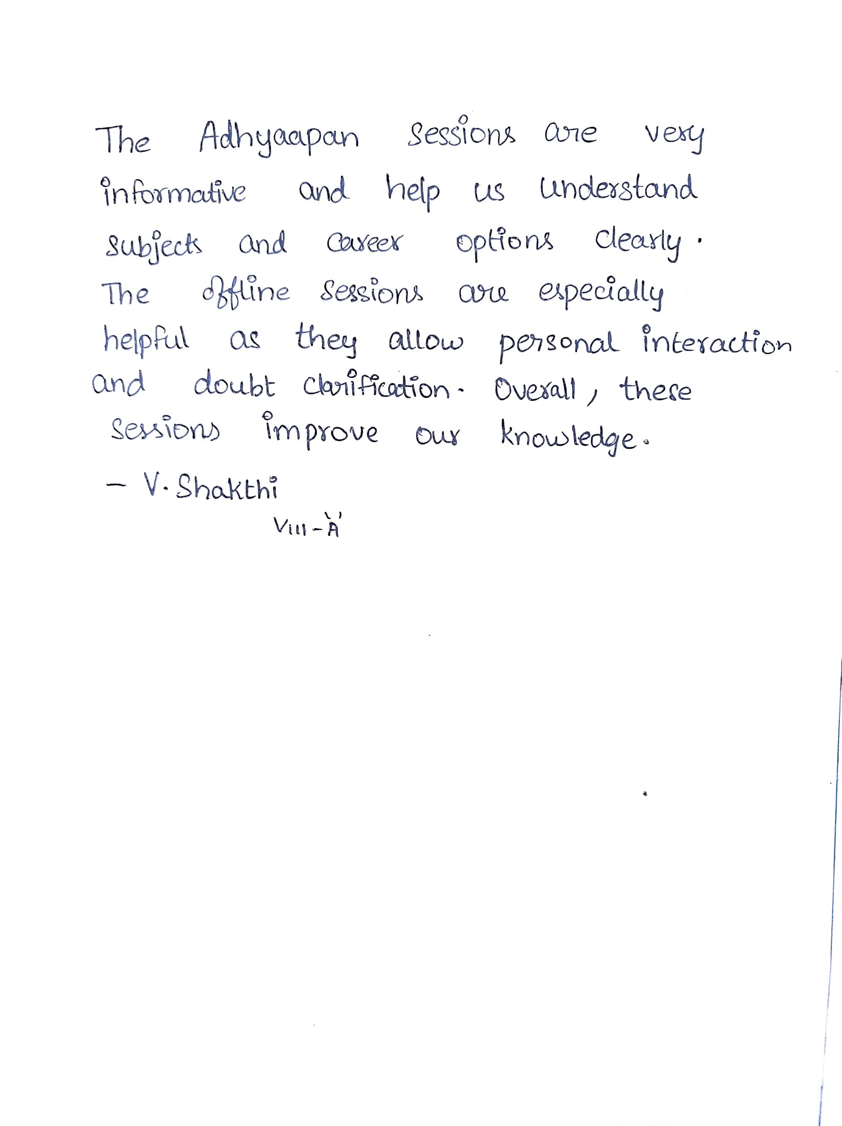 An original handwritten student reflection