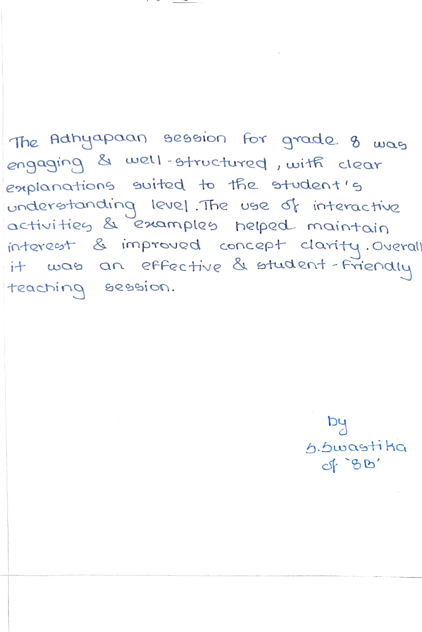 Original handwritten student reflection 2