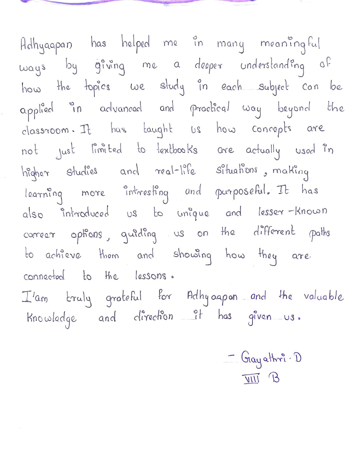 Original handwritten student reflection 3