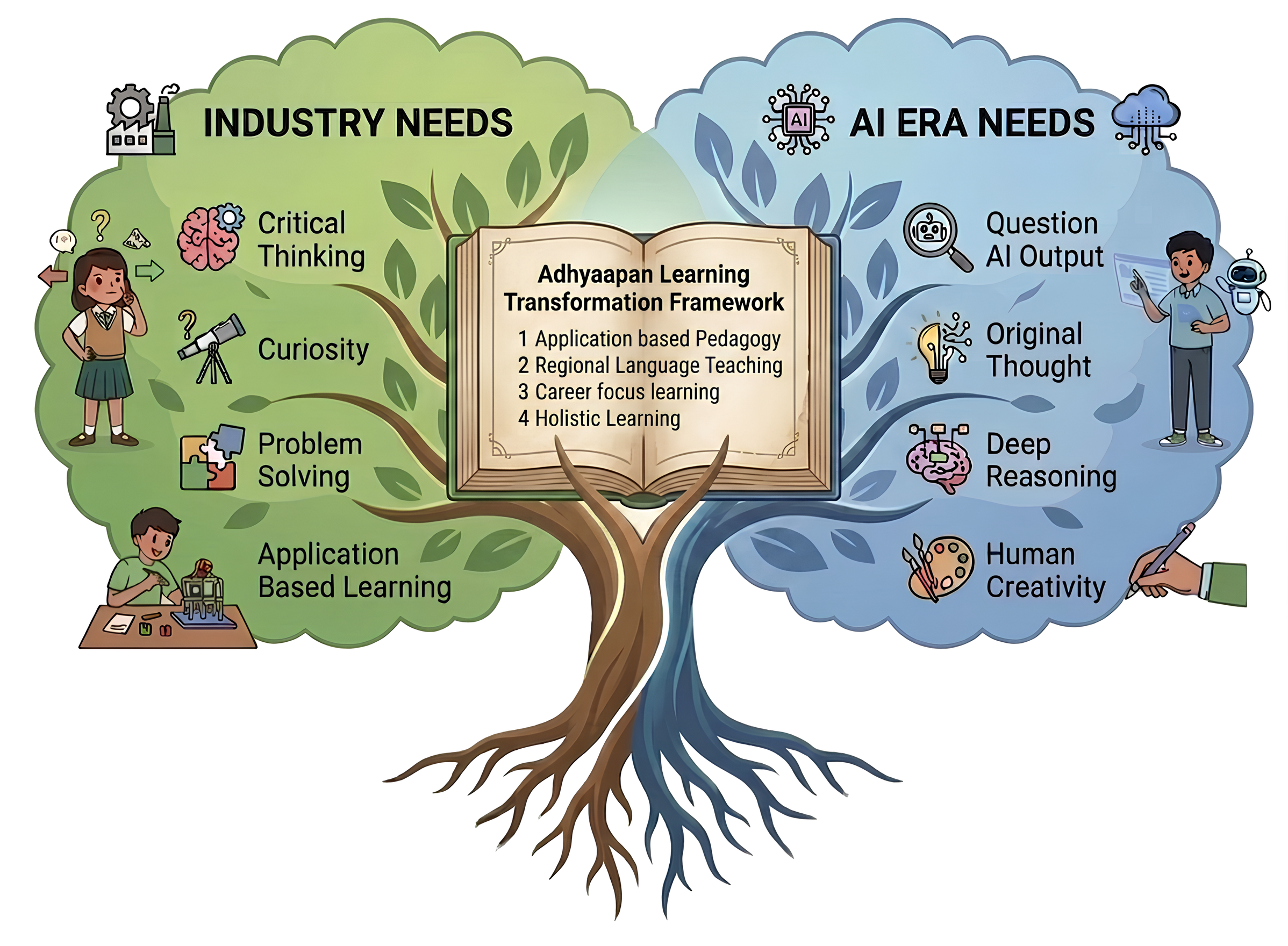 Adhyaapan’s framework bridges industry needs—critical thinking, curiosity, problem solving and application-based learning—with AI-era needs: questioning AI output, original thought, deep reasoning and human creativity. At its centre: application-based pedagogy, regional-language teaching, career-focused learning and holistic learning.