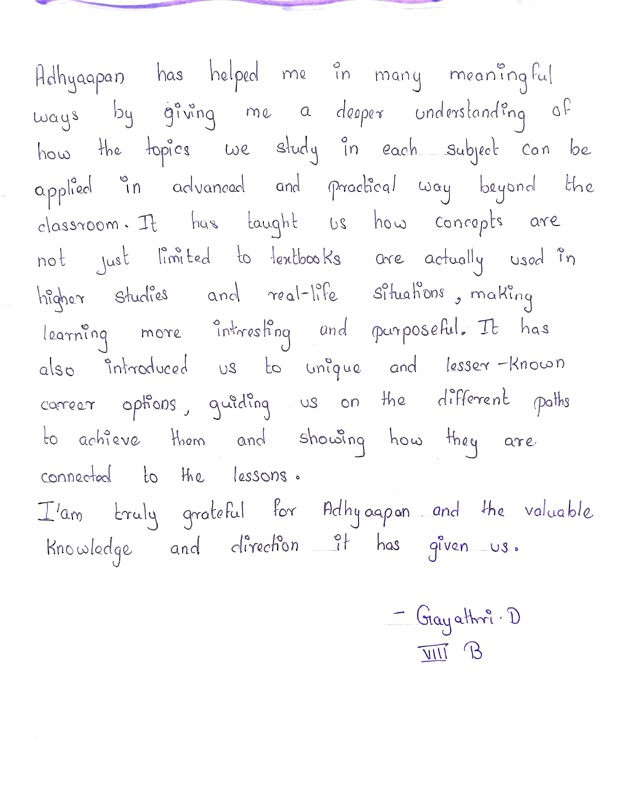 Original handwritten reflection by Gayathri D.
